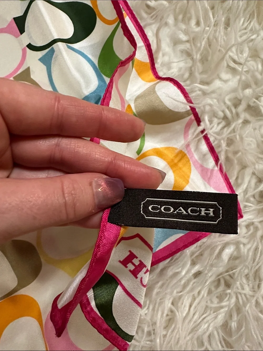 Vintage Coach Multicolor Signature Print Silk Scarf with Pink Trim new in box